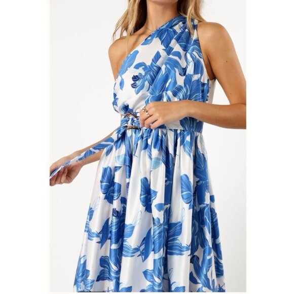 Petal & Pup Midi Dress 10 Blue White Floral Silky One Shoulder Washable NEW - Picture 6 of 16